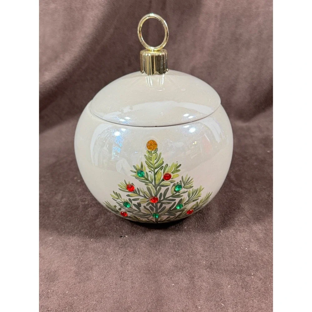 Teleflora Gift Christmas Ornament Ceramic Lidded Jar Rhinestone Tree Cream 6.5